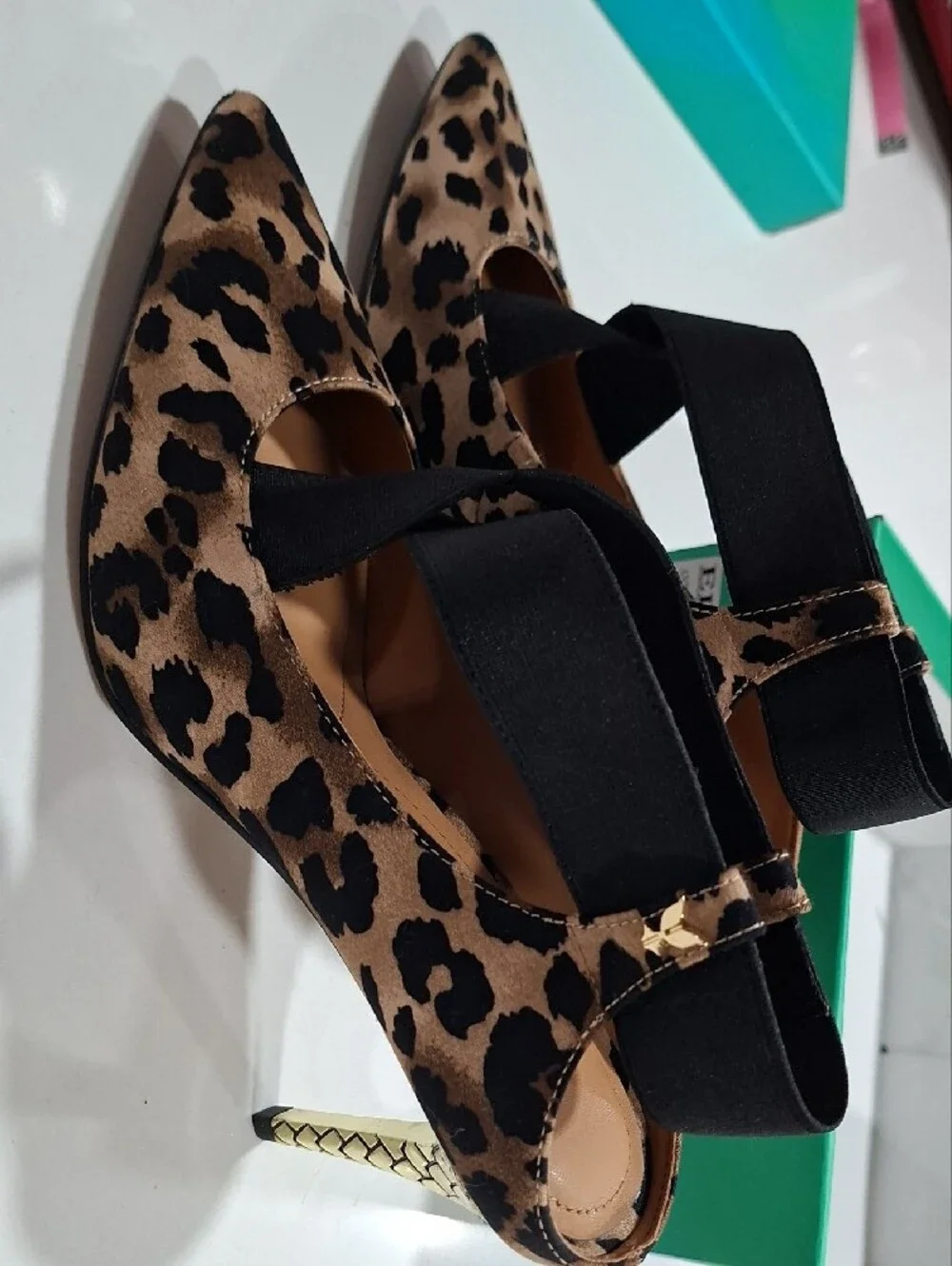 J.Renee Leopard Print Pointed Slingback Heels with Black Cross Straps
